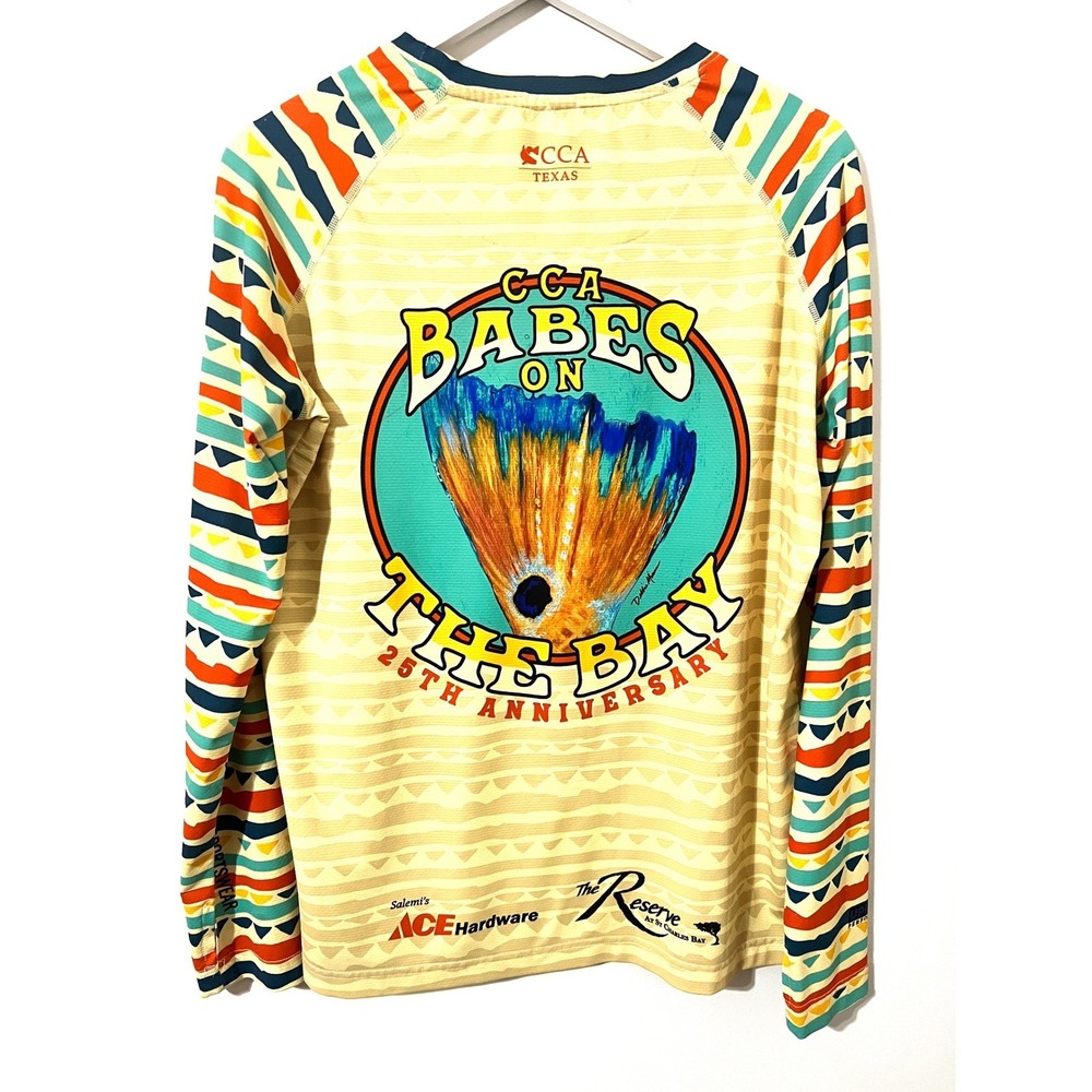 REEL SPORTSWEAR Yellow Fishing Shirt Good CCA Babes On The Bay Anniversary L